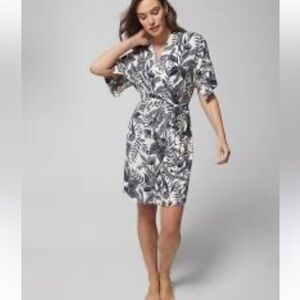 Soma Cool Nights Navy & White Softest Floral Wrap Around S/S Tie Waist Robe S/M
